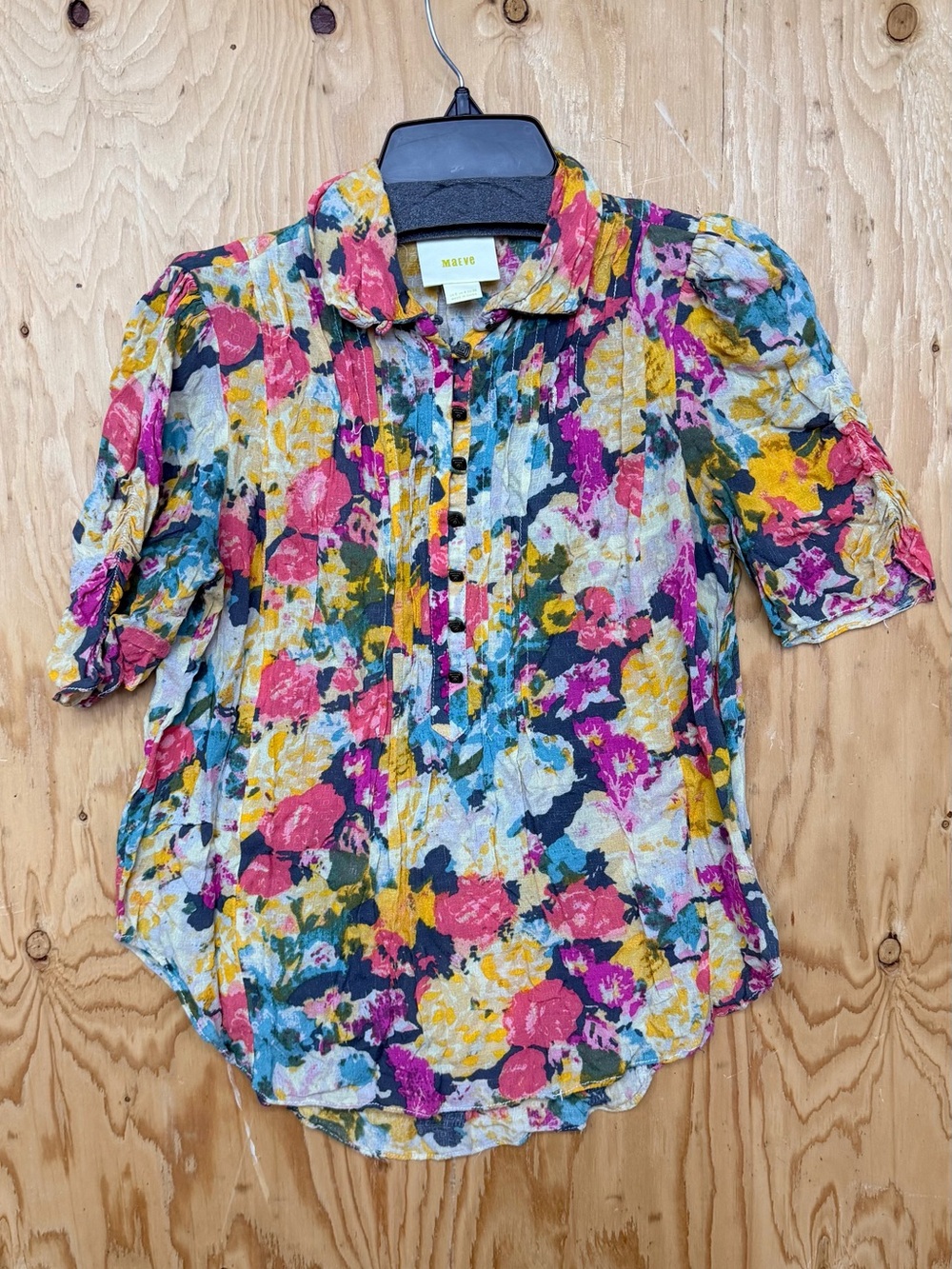 Maeve Anthropologie Floral Blouse Size 0 Pleated Puff Sleeve Button Front